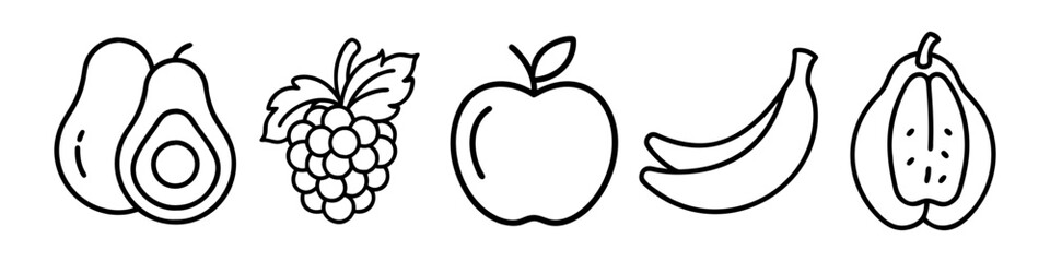 Minimalist Fruit Line Icons Set  - A minimalist line icon set featuring popular fruits including avocado, grape, apple, banana, and papaya in a clean outline style.
