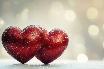 Fototapeta premium A pair of red hearts placed on a surface, perfect for romantic occasions or as a symbol of love