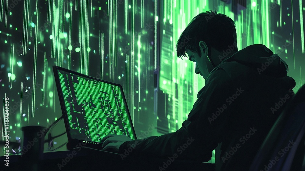 Poster person coding intensively with green lines of code on laptop at night. generative ai