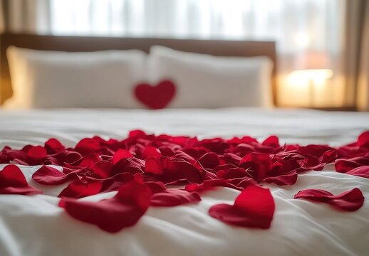 A bed with white sheets and red rose petals scattered across it, creating an atmosphere for a Valentine's Day celebration in a hotel room. 
