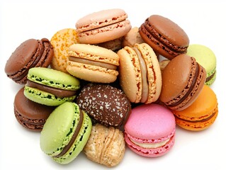 Colorful Variety of Macarons Piled Together on a White Background