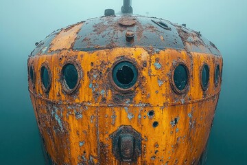 A rusty yellow submarine sits on the surface of calm waters, great for illustrations and designs
