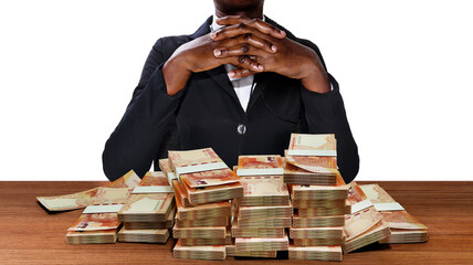 Young black Business woman lady in black suit folded hands sitting office desk table with huge...