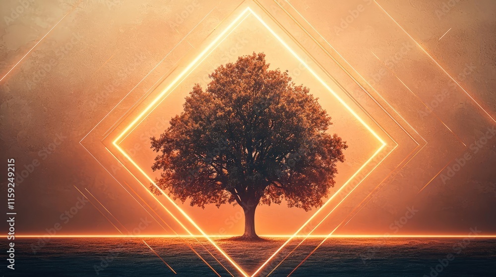 Poster oak tree abstract background idea. a vibrant tree encased in a glowing geometric design against a my