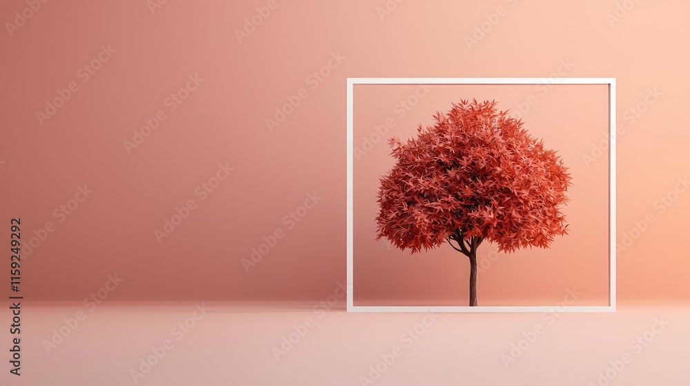 Poster maple tree abstract background concept. a vibrant red tree against a soft pink backdrop, showcasing 