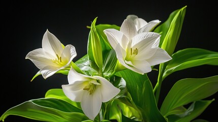 Elegant White Lilies Surrounded by Lush Green Leaves on Dark Background