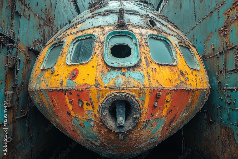 Poster a detailed view of an aged airplane with rust and corrosion visible
