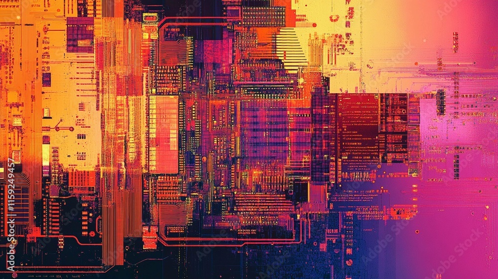 Poster colorful design of a microchip illuminated with vibrant backlight. generative ai
