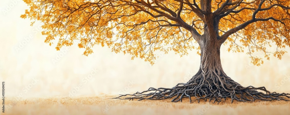Poster oak tree abstract background idea. majestic tree with golden leaves and intricate roots in a serene 