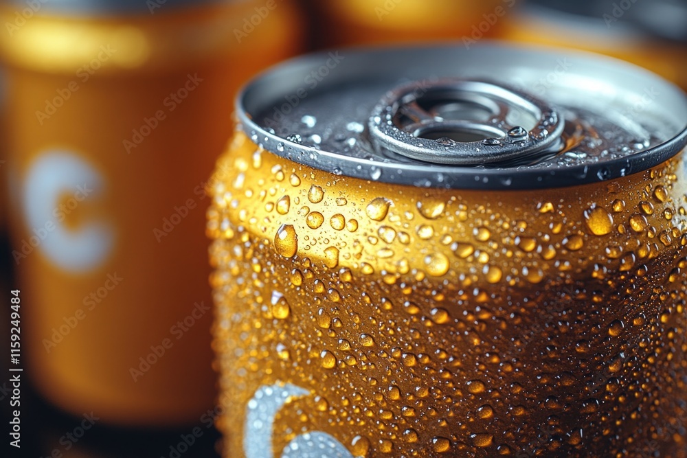 Poster a close-up shot of a soda can with water droplets on its surface