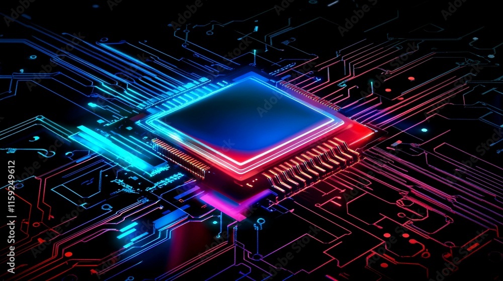 Aufkleber microchip illuminated in vibrant colors on a circuit board at night. generative ai