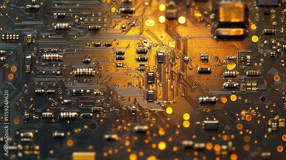 Poster close-up of a glowing microchip illuminating intricate circuit patterns. generative ai