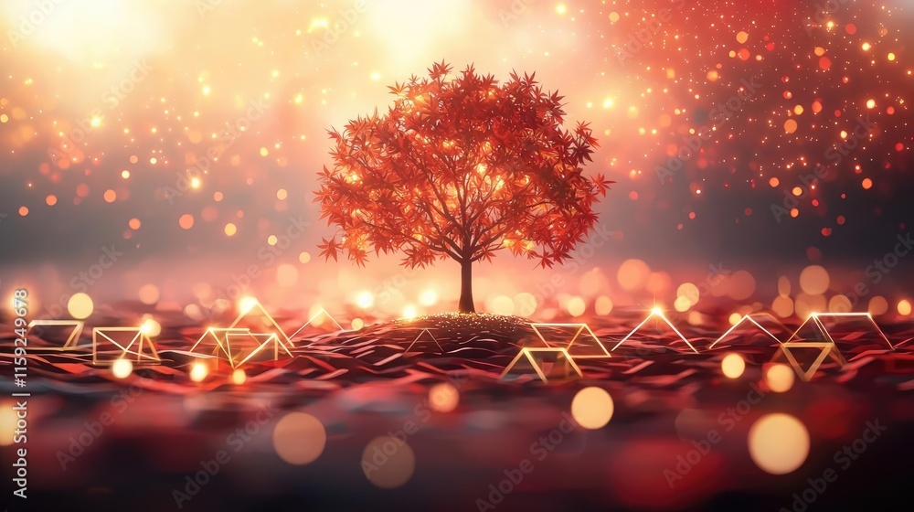 Poster maple tree abstract background concept. a vibrant autumn tree surrounded by shimmering lights, creat