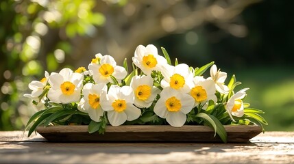 Bright White and Yellow Flowers in a Natural Setting on a Rustic Wooden Surface
