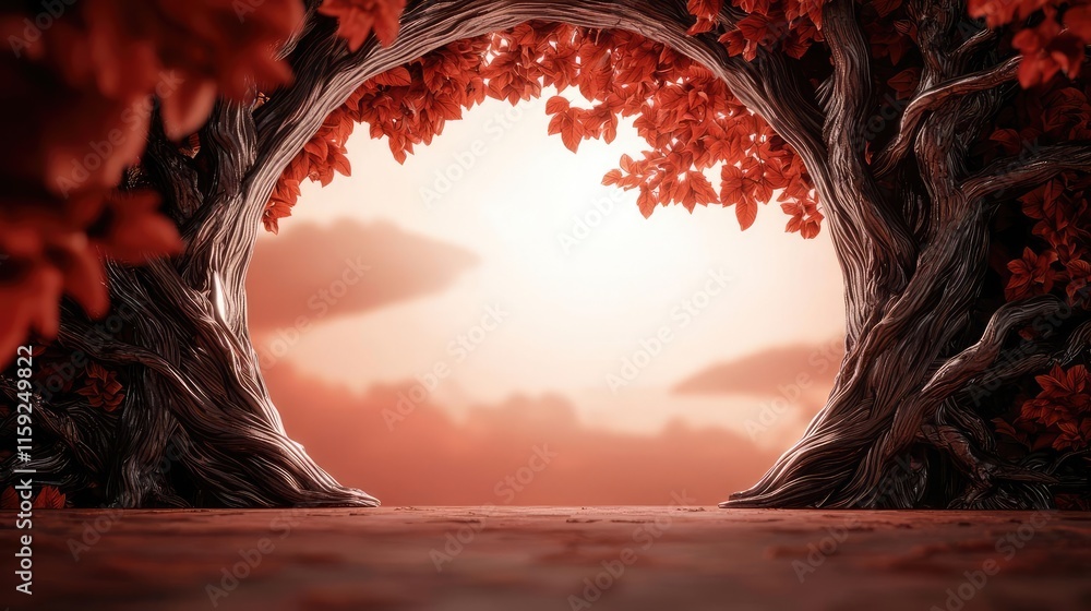 Poster mahogany tree abstract background idea. a serene view through a natural arch of trees with vibrant r