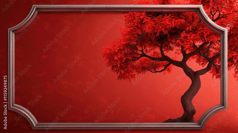 Poster mahogany tree abstract background idea. a vibrant red tree silhouette against a deep red background 