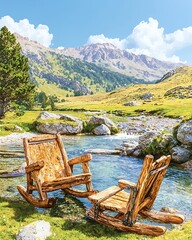 Gold Rush Era, Serene Digital Watercolor Landscape Featuring Weathered Wooden Rocking Chairs by a Clear Stream in a Majestic Mountain Setting
