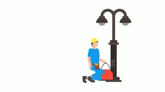 Electrician repairing light bulbs in street animation, Public Park Light Maintenance animated video, Electrician Profession clip, Power Supply and wiring footage, handyman and Repairman tool motion 