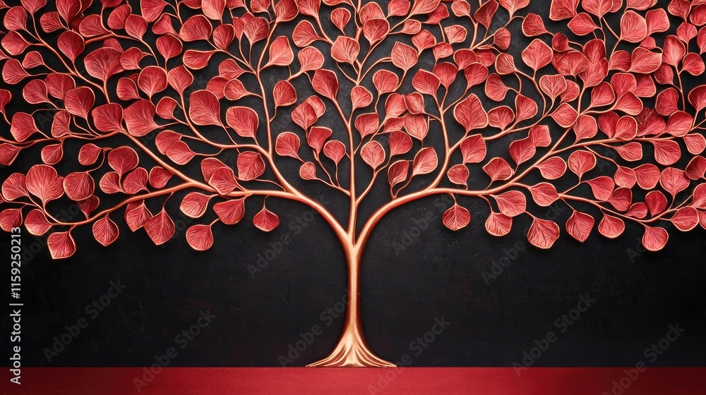 Poster mahogany tree abstract background idea. artistic representation of a tree with red leaves against a 