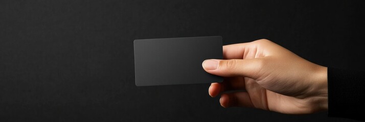 Sleek black gift card held in hand against dark background with copy space for personalized message or design. Generative AI