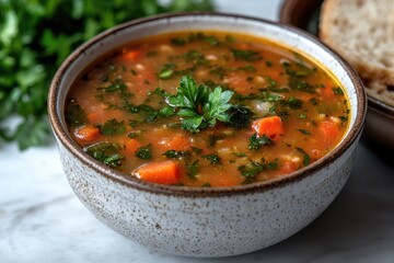 A warm and comforting bowl of soup served with crusty bread and fresh parsley, perfect for a cozy meal or snack