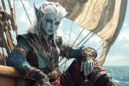 The image depicts a fantasy character with elven features, including pointed ears and white hair, dressed in ornate, detailed armor