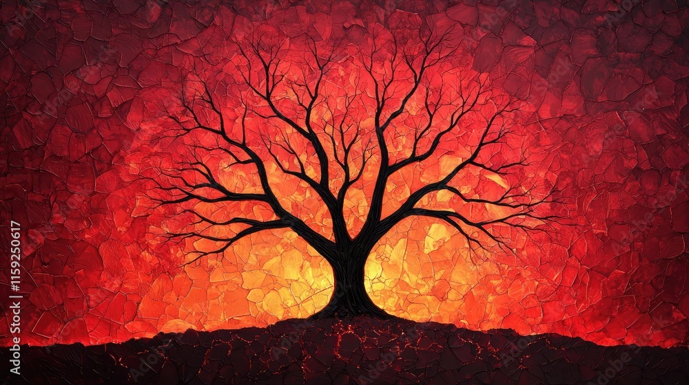 Poster mahogany tree abstract background idea. a vivid silhouette of a tree against a fiery red background,