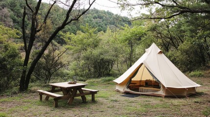 Peaceful Tent Camping Site Surrounded by Lush Green Nature