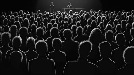 Obraz premium Audience Silhouettes Watching Speaker at a Dark Conference Event