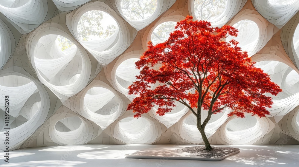 Poster maple tree abstract background concept. stunning red tree inside a modern architectural space with o