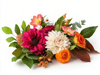 Colorful Floral Arrangement with Diverse Blooms and Greenery on White Background