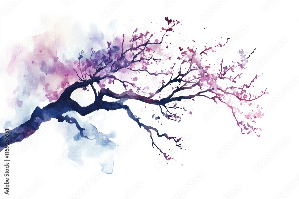 Poster a watercolor illustration of a tree with a bird sitting on a branch, surrounded by greenery and natu