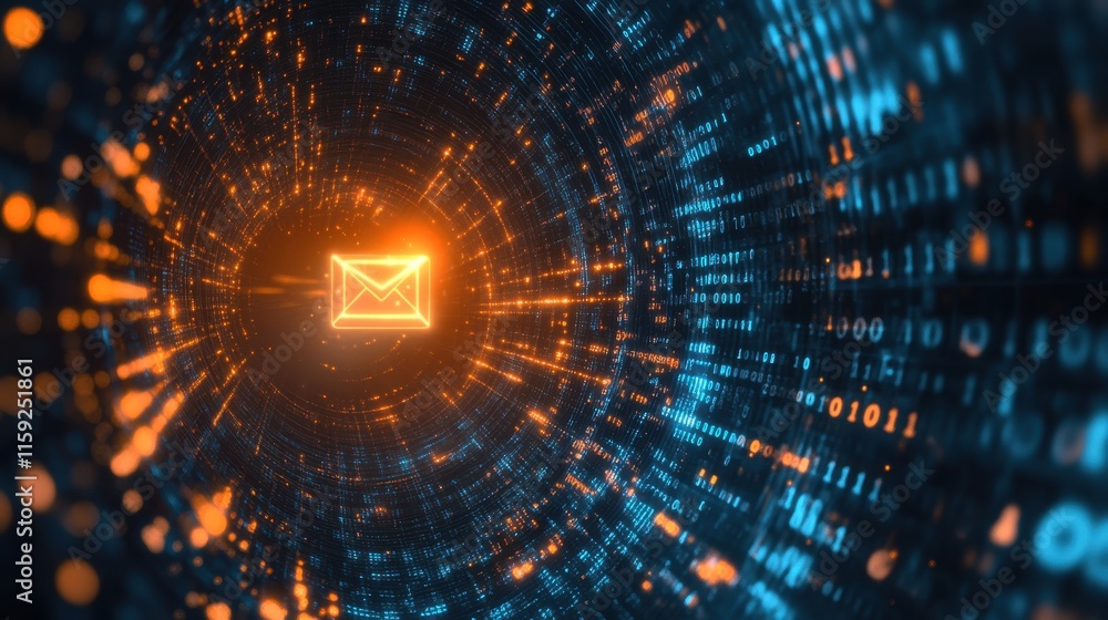Poster abstract digital tunnel with email icon and binary code background