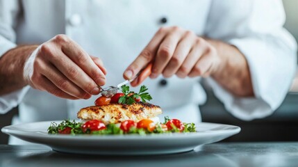A Hands-on Chef Perfectly Decorating a Gourmet Dish with Fresh Ingredients and Colorful Garnishes for a Culinary Masterpiece Presentation