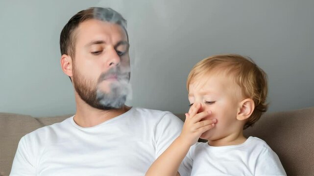 A father smoking in a closed area next to his child. A child who is  bothered by cigarette smoke. The