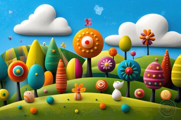 Colorful Abstract Landscape with Trees, Flowers, and a Blue Sky Filled with Clouds