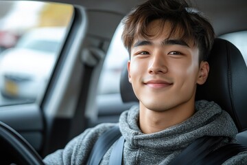 Obraz premium A happy man sitting in a car, great for travel or leisure images