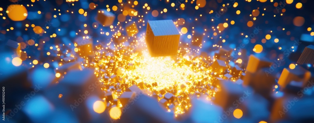 Poster a vibrant explosion of light and geometric shapes, showcasing a dynamic interaction of particles in 