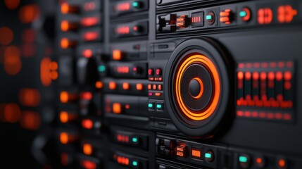 Obraz premium Vibrant 3D Dashboard Displaying Sound Controls and Settings in a Tech Environment with Stunning Visual Effects