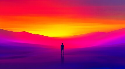 Fototapeta premium A Solitary Figure Contemplates a Vibrant Sunset Over Mountains