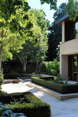 Fototapeta premium A stunningly landscaped garden encircles a contemporary home, featuring vibrant greenery and elegant stone pathways that come alive in the daytime