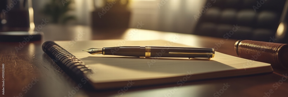 Poster luxury fountain pen with gold accents on a notepad in an elegant office setting during afternoon sun