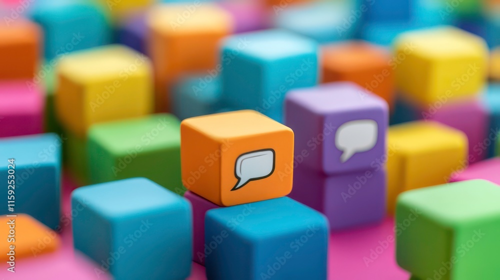 Poster colorful blocks with speech bubble icons symbolize communication, networking, and social interaction