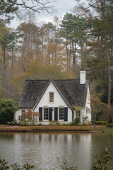 Obraz premium A white cottage with black shutters sits beside the lake, surrounded by trees and foliage in an idyllic setting. The house features traditional charm with a gable roof and wooden accents.
