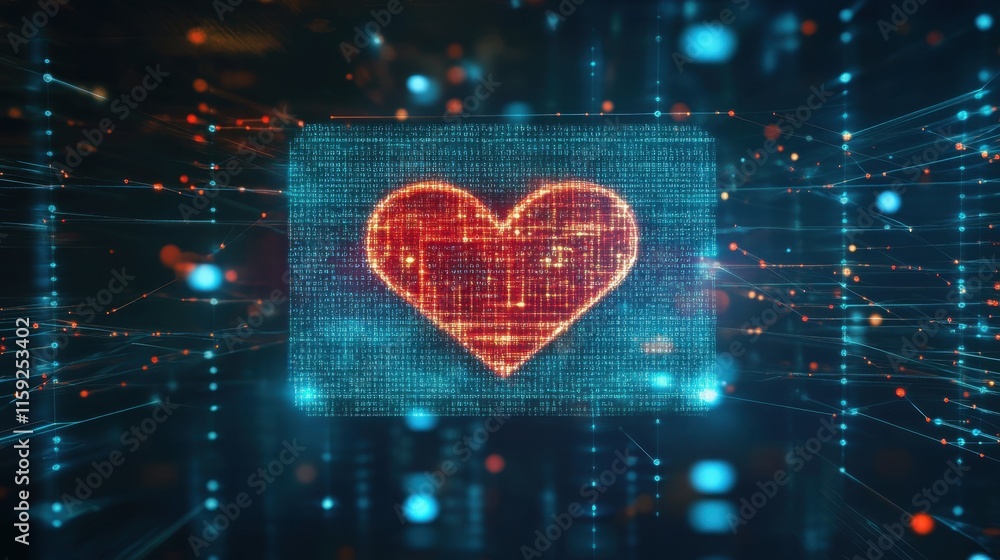 Aufkleber heart symbol in digital matrix with neon light effects and data flow