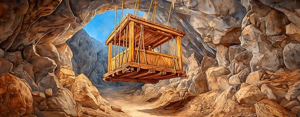 Gold Rush Era, Captivating Digital Watercolor of an Ancient Wooden Mining Elevator Suspended in a Rocky Cave, Evoking a Sense of Adventure and History from 1811