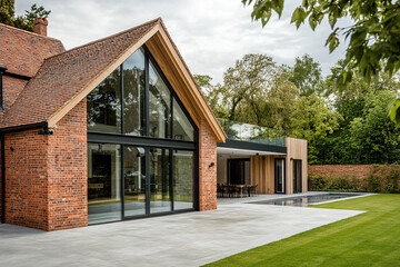 An architectural photograph of an elegant red brick house with large glass windows and black steel frames. The roofline is angled on the left side of the picture. A light grey concrete floor.