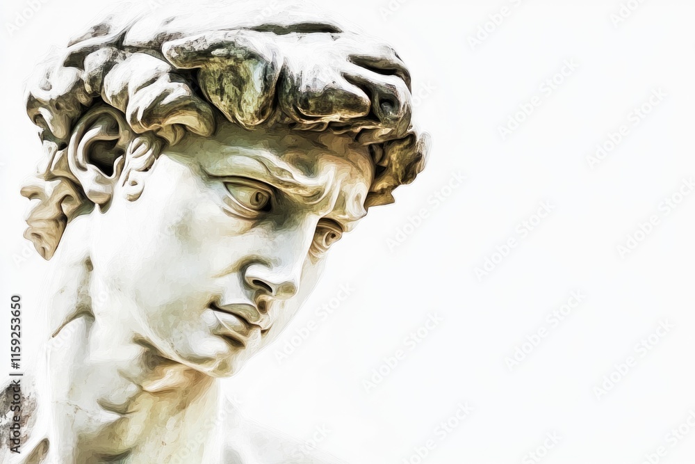 Poster a detailed view of a male statue with intricate details, suitable for use in art, architecture or hi