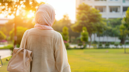 Fototapeta premium woman in light scarf stands in park during sunset, enjoying nature