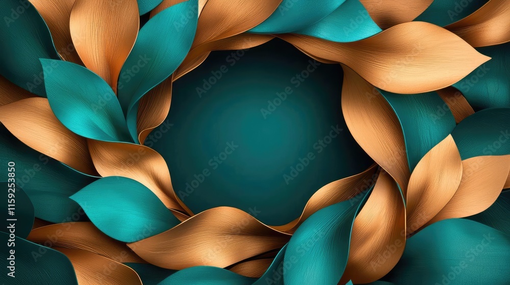 Poster oak tree abstract background idea. a vibrant design featuring a circular frame of teal and gold leav